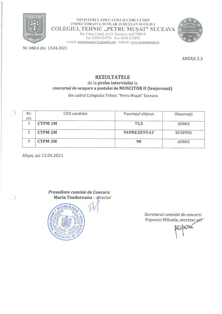 Rezultatele de la proba interviului la concursul de ocupare a postului de muncitor II (lenjereasă)