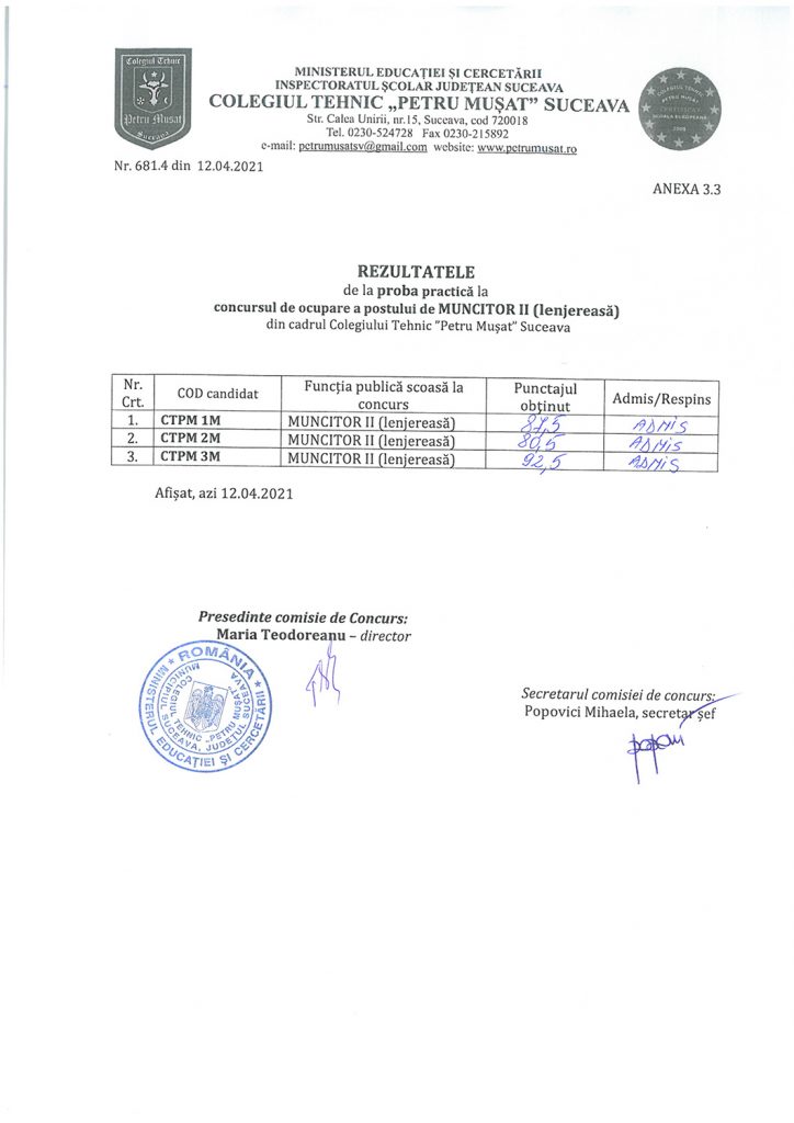 Rezultatele de la proba practică la concursul de ocupare a postului de muncitor II (lenjereasă)