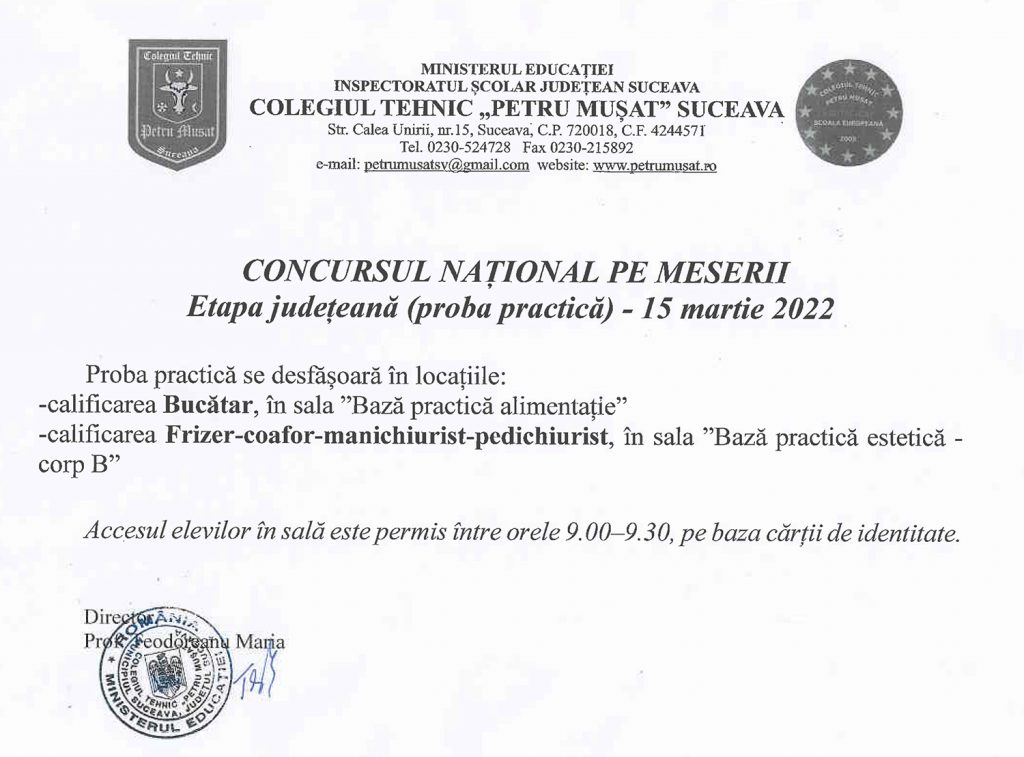 Concursul Național pe Meserii - Etapa județeană (proba practică)