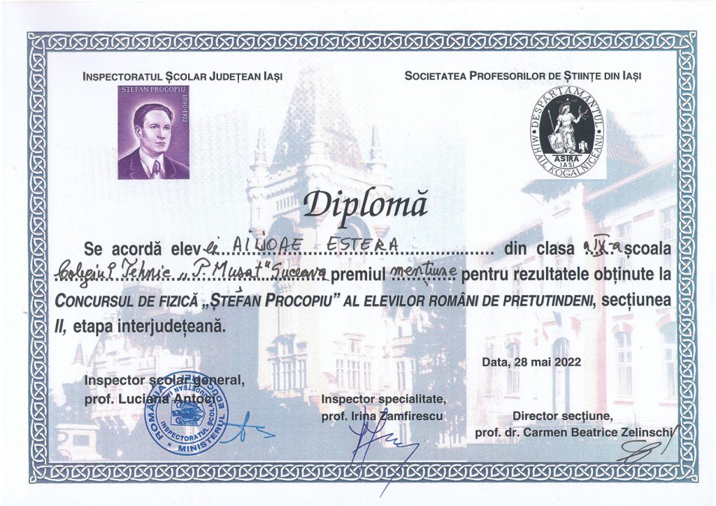 Rezultate remarcabile pentru elevii colegiului nostru la Concursul de Fizica Ștefan Procopiu