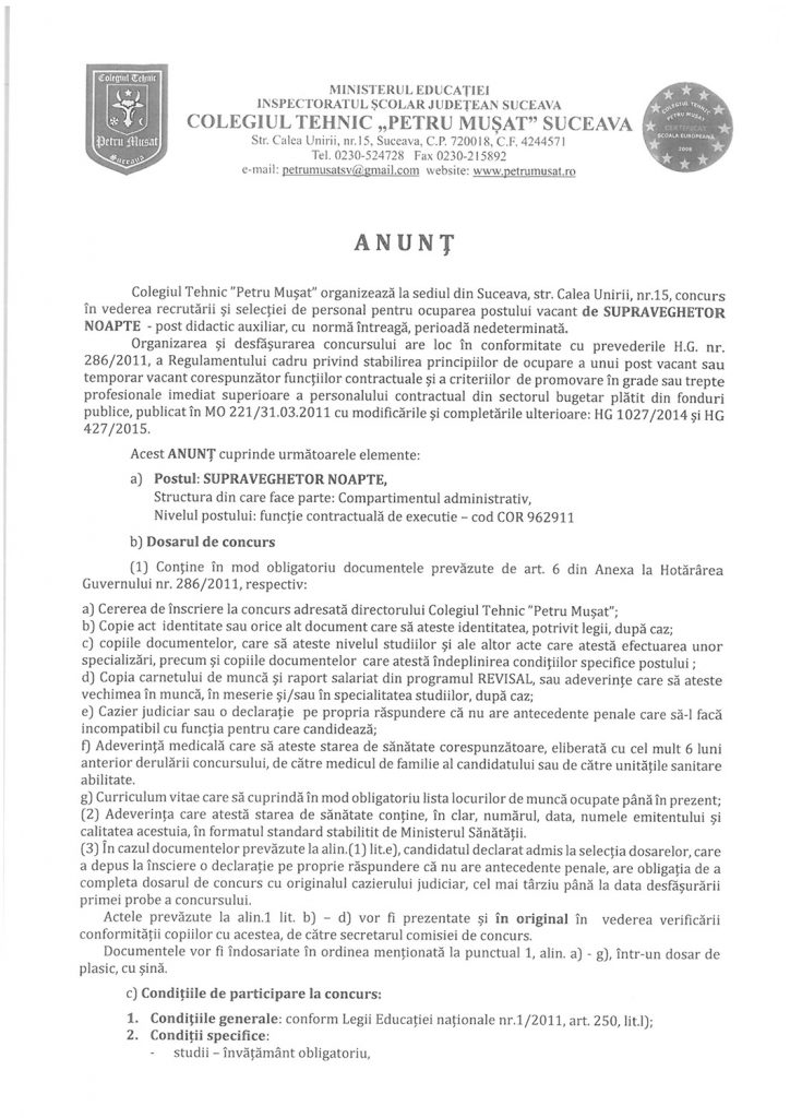 Concursuri în vederea recrutării și selecției de personal pentru ocuparea a trei posturi vacante