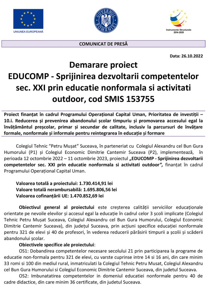 Demarare proiect "EDUCOMP - Sprijinirea dezvoltării compețentelor sec. XXI prin educație nonformală și activități outdoor", cod SMIS 153755