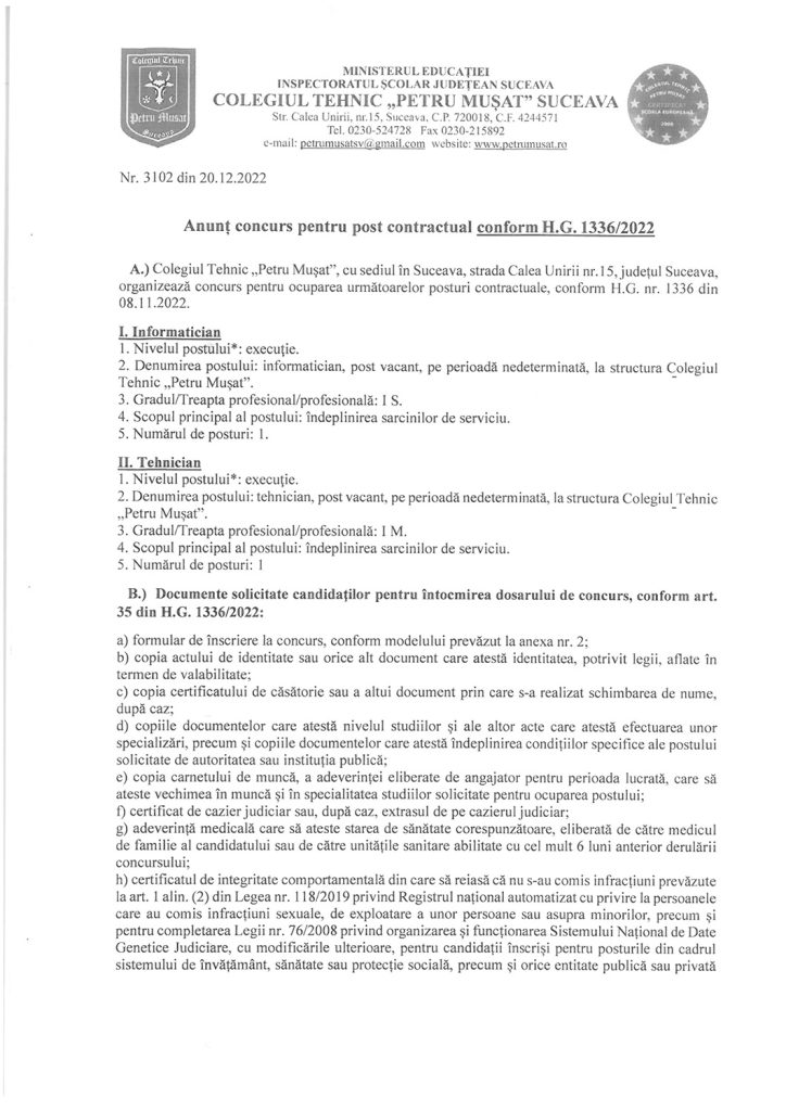 Organizăm concurs pentru ocuparea posturilor contractuale de informatician și tehnician