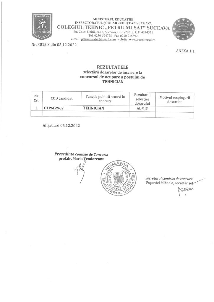 Rezultatele selectării dosarelor de înscriere la concursul pentru ocuparea postului de tehnician