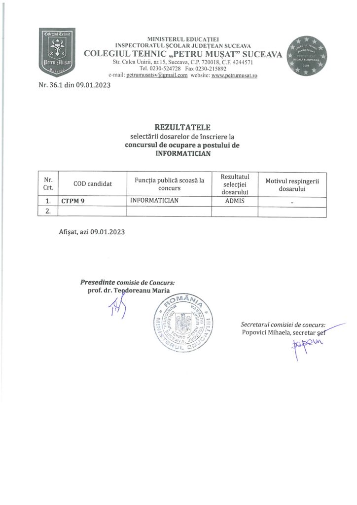 Rezultatele selectării dosarelor de înscriere la concursul de ocupare a posturilor de tehnician și informatician
