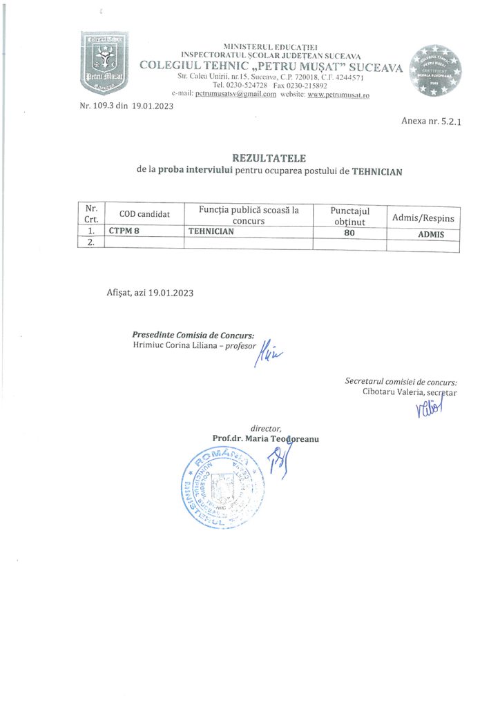 Rezultatele de la proba interviului la concursurile de ocupare a posturilor de tehnician și informatician