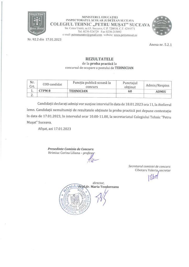 Rezultatele de la proba practică la concursurile de ocupare a posturilor de tehnician și informatician