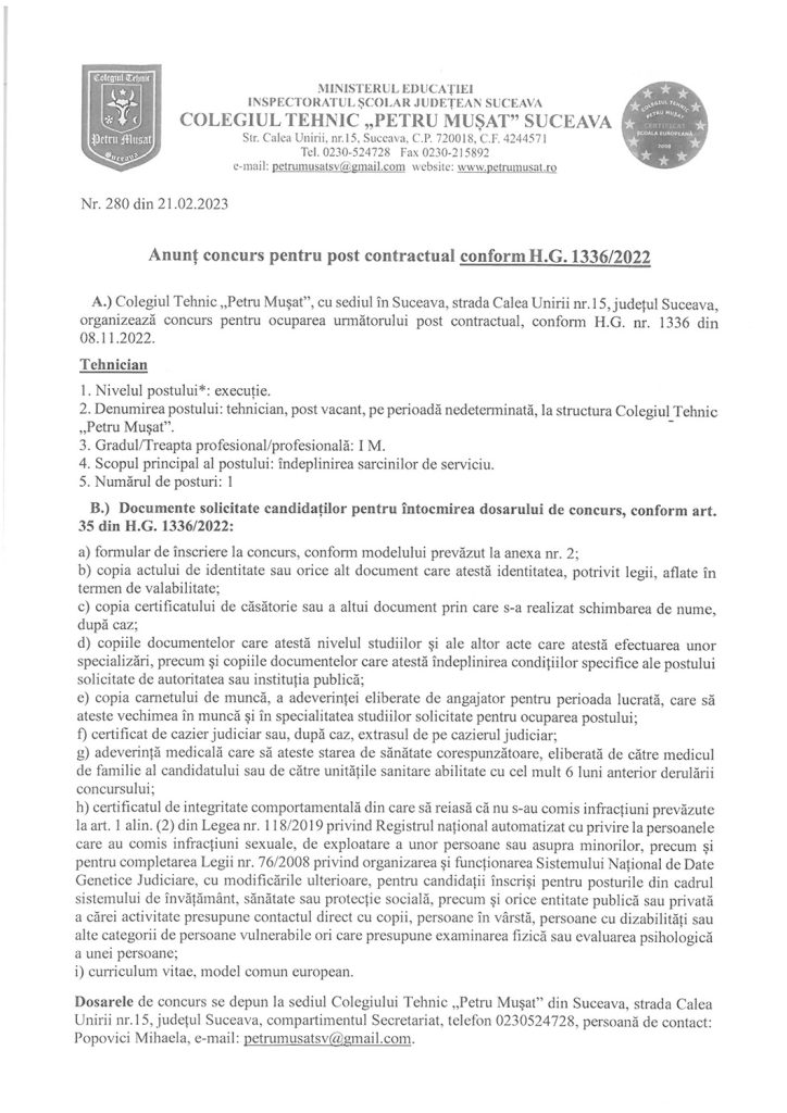 Concurs pentru ocuparea postului contractual de tehnician