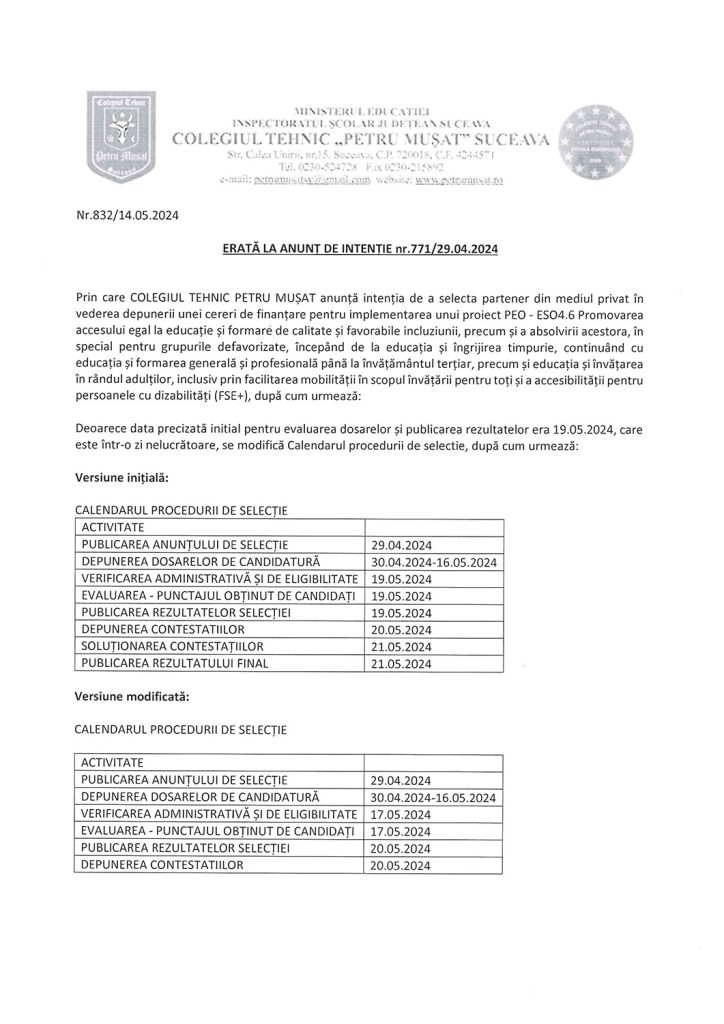 Erată la anunț de intenție numărul 771/29.04.2024