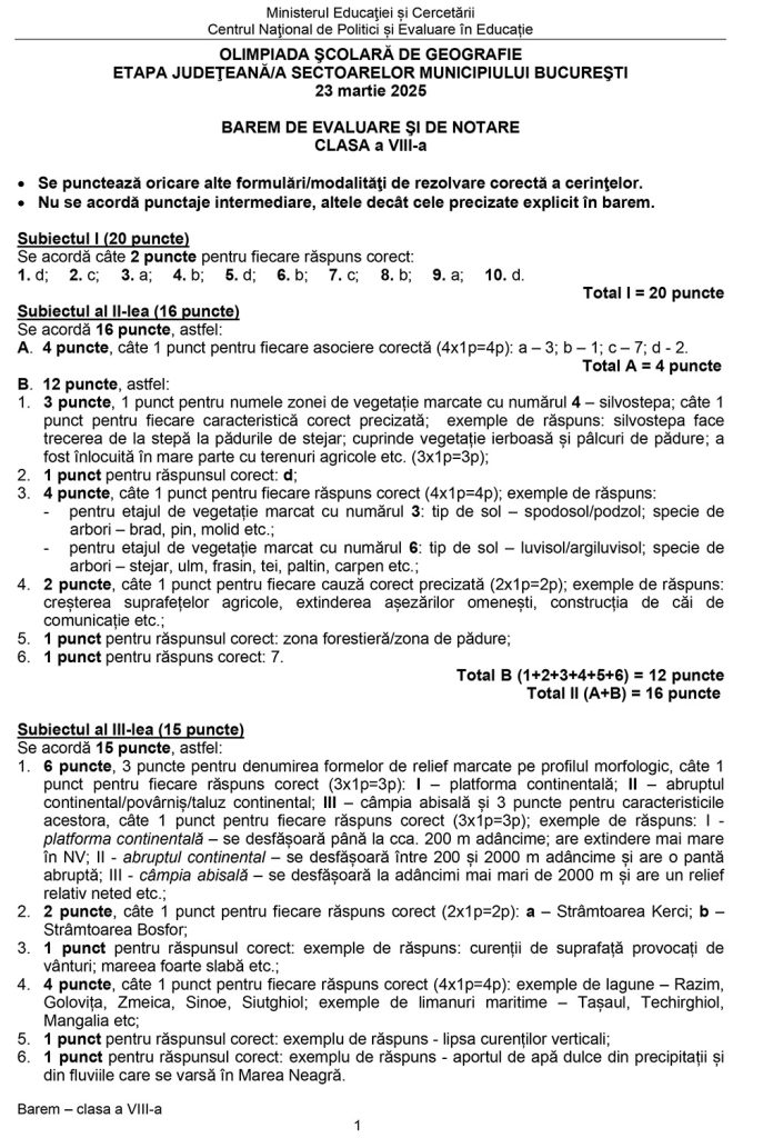 Olimpiada de Geografie - clasele VIII - XII - etapa județeană (barem de evaluare și de notare)