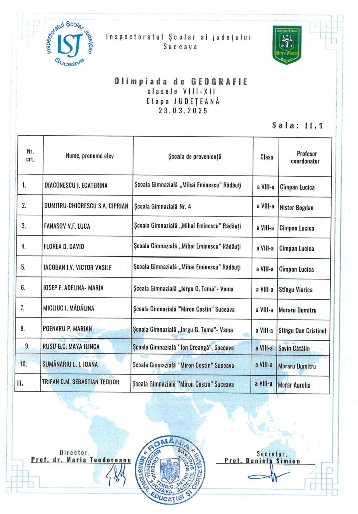 Olimpiada de Geografie - clasele VIII - XII - etapa județeană (repartiția candidaților)