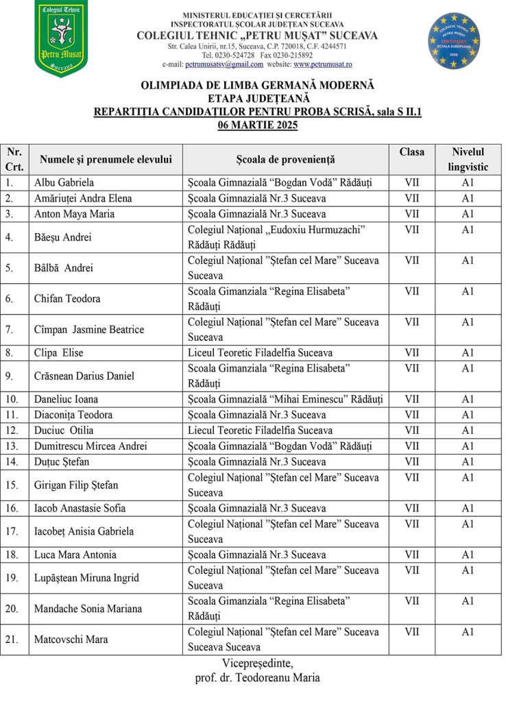 Olimpiada de Limba Germană Modernă - etapa județeană (repartiția candidaților pentru proba scrisă)