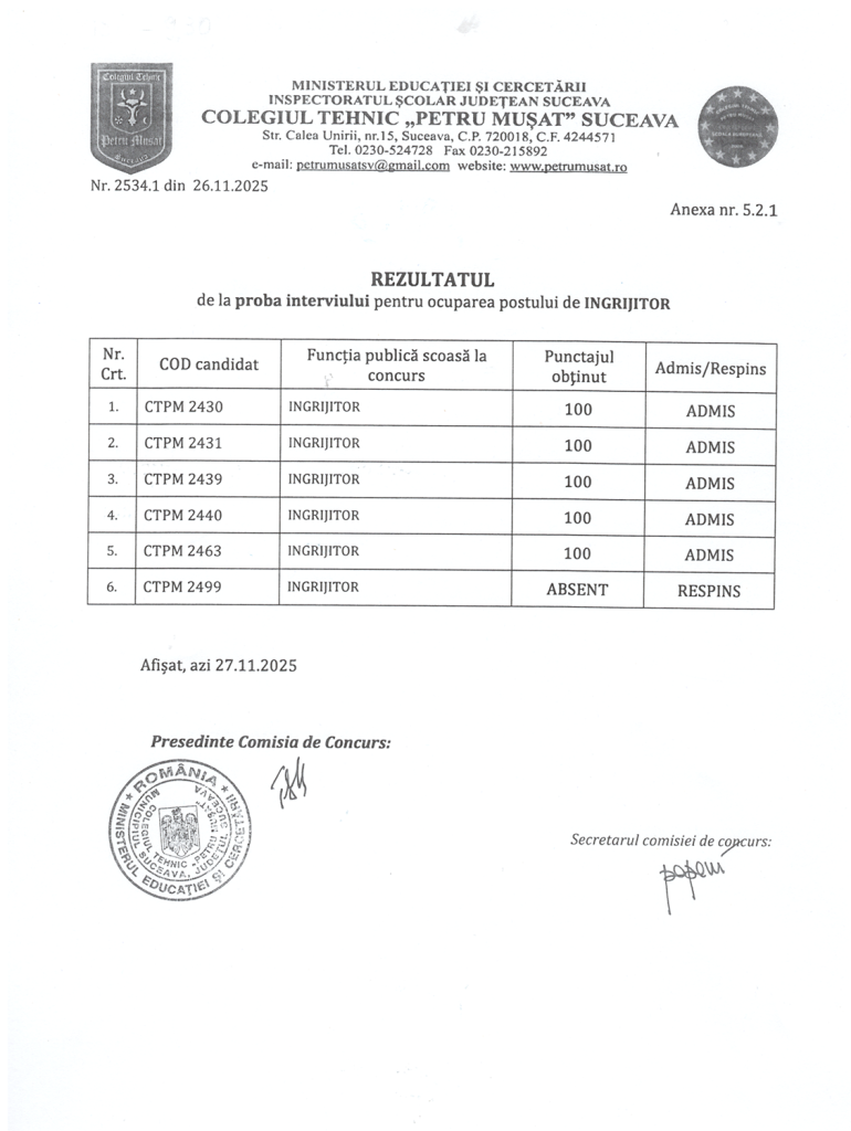 Rezultatul de la proba interviului pentru ocuparea postului de îngrijitor
