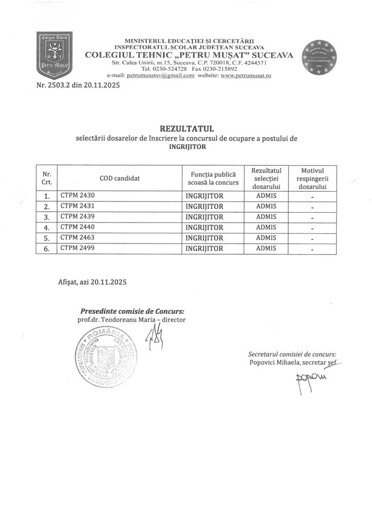 Rezultatul selectării dosarelor de înscriere la concursul de ocupare a postului de îngrijitor