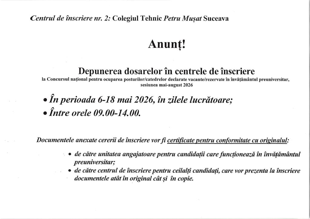 A început depunerea dosarelor pentru "Concursul național pentru ocuparea posturilor și catedrelor declarate vacante sau rezervate în învățământul preuniversitar"