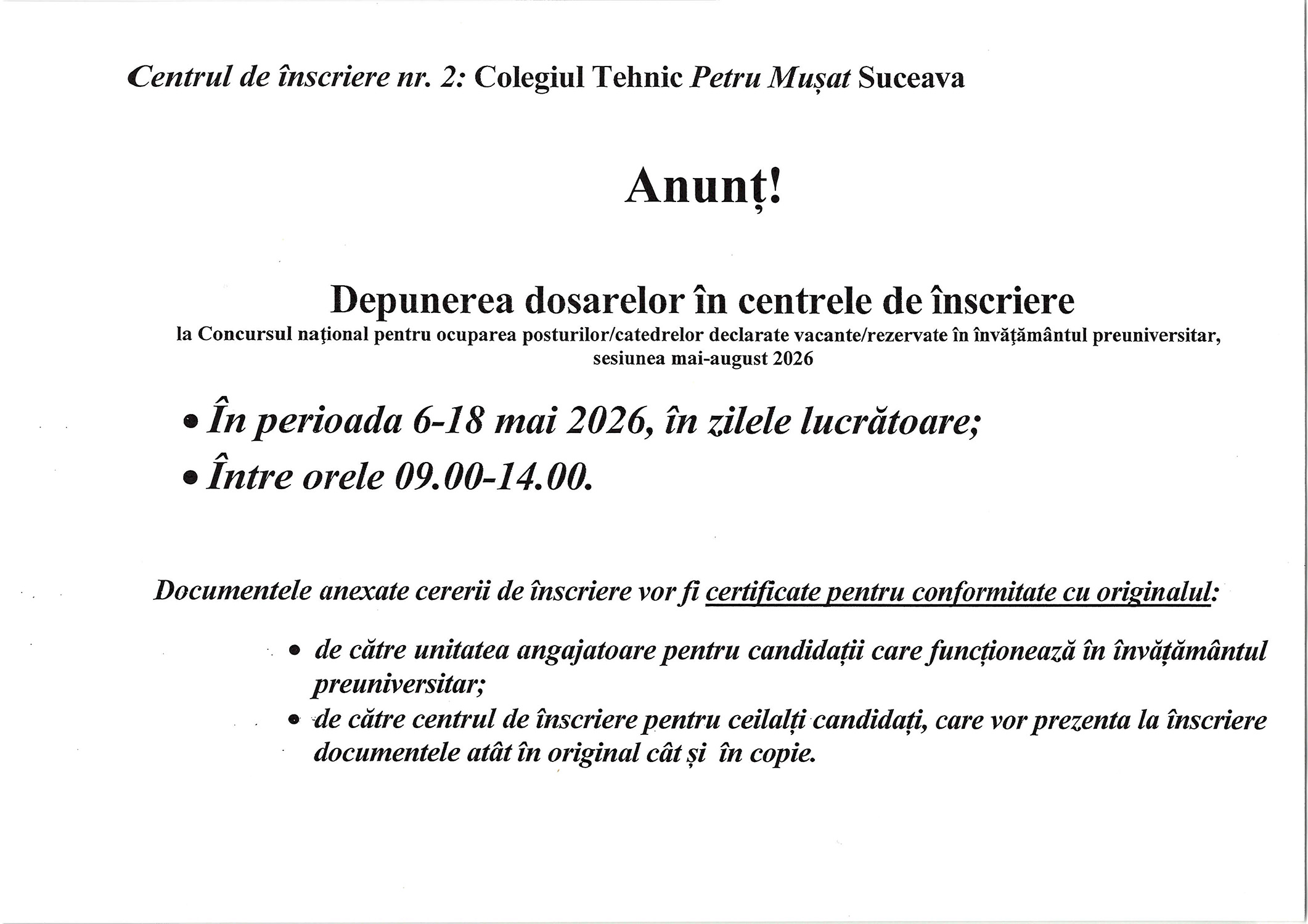 A început depunerea dosarelor pentru "Concursul național pentru ocuparea posturilor și catedrelor declarate vacante sau rezervate în învățământul preuniversitar"