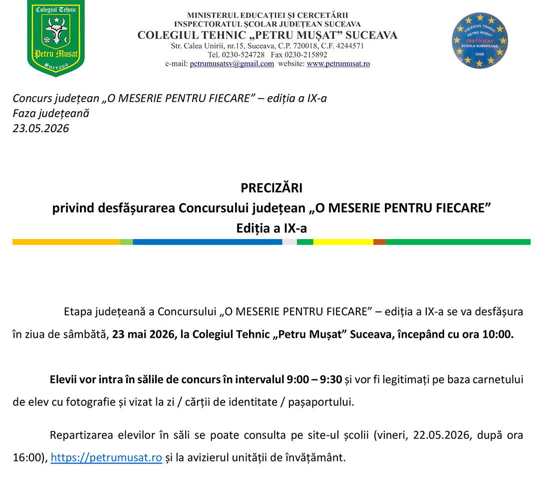 Precizări privind desfășurarea Concursului județean „O MESERIE PENTRU FIECARE”, ediția a IX-a