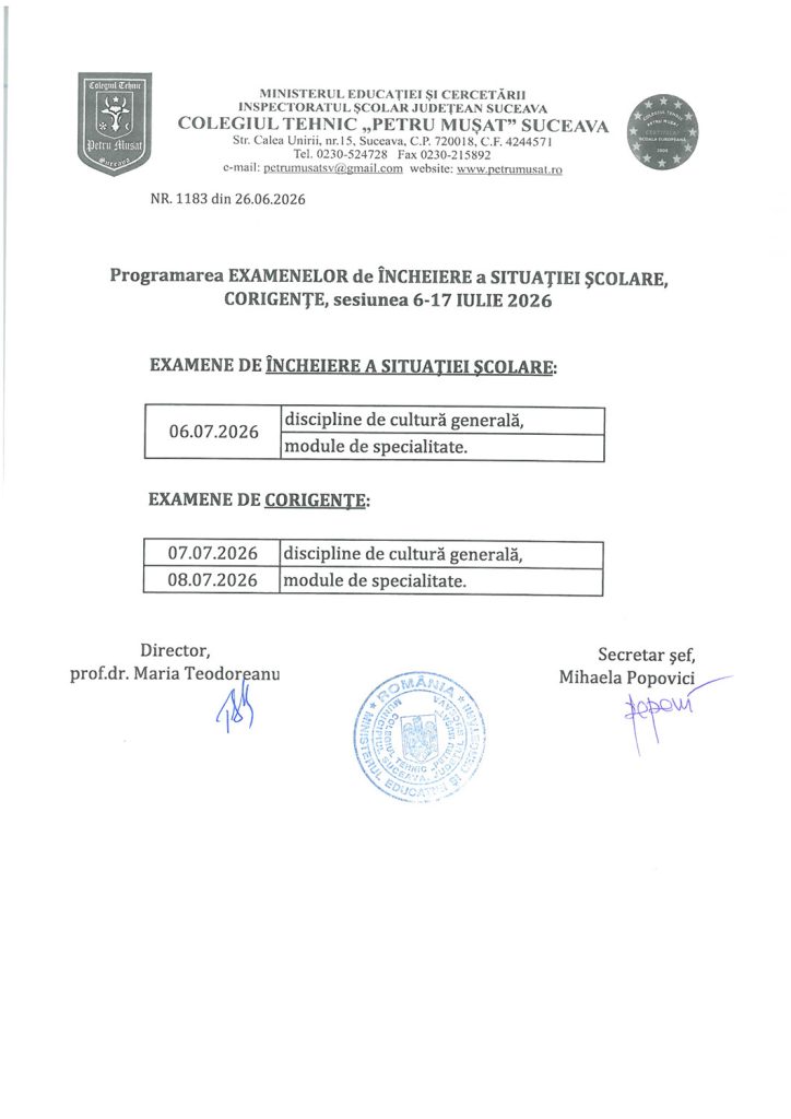 Calendarul examenelor de încheiere a situației școlare și de corigență