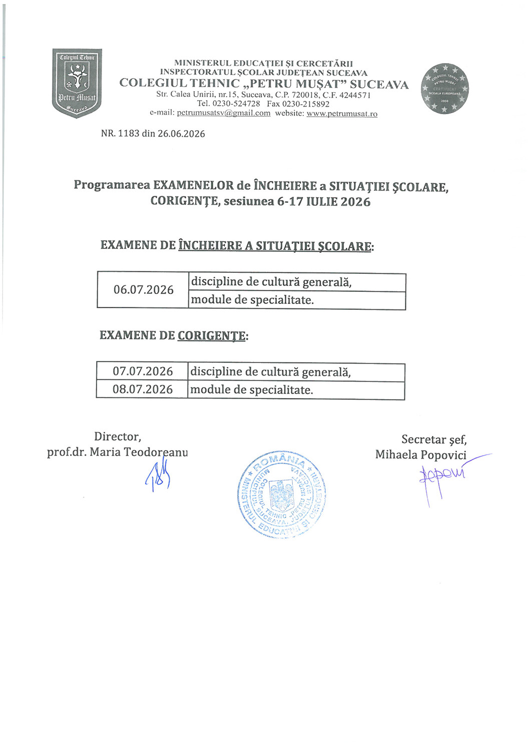 Calendarul examenelor de încheiere a situației școlare și de corigență