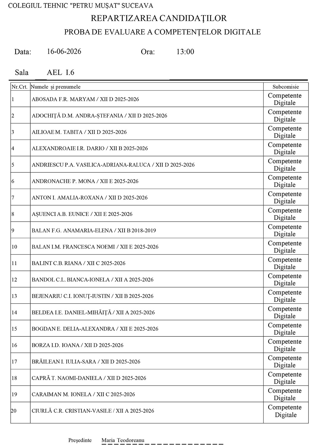 Examenul Național de Bacalaureat (2026) - Proba de evaluare a competențelor digitale (repartizarea candidaților)