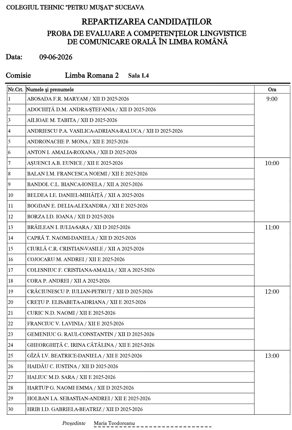 Examenul Național de Bacalaureat (2026) - Proba de evaluare a competențelor lingvistice de comunicare orală în limba română (repartizarea candidaților)