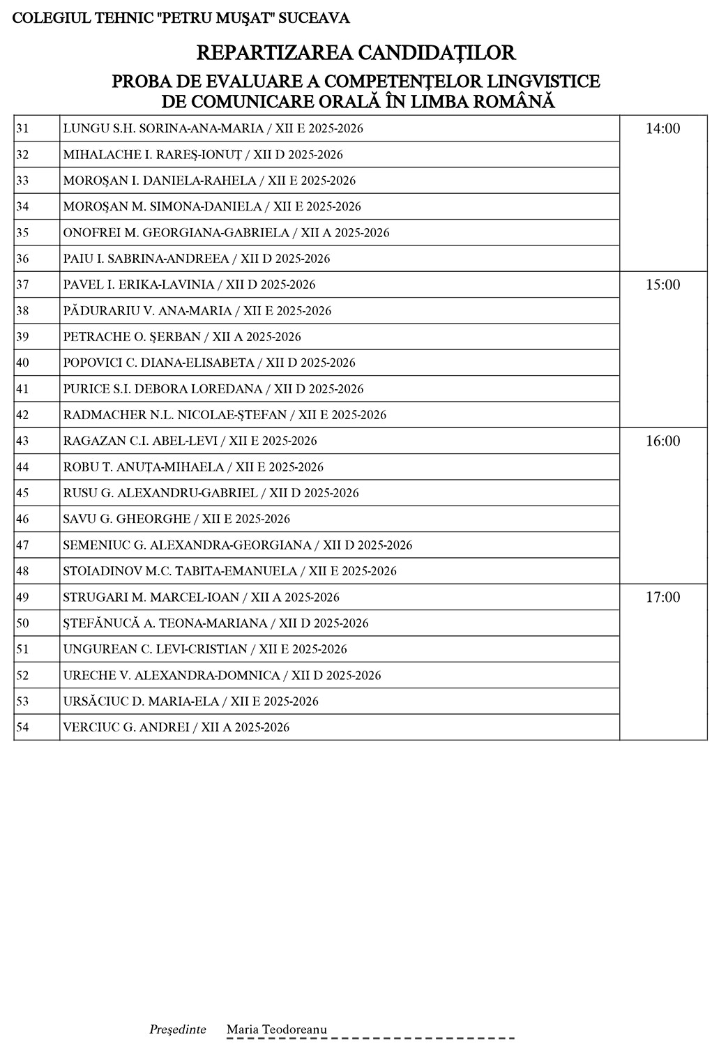 Examenul Național de Bacalaureat (2026) - Proba de evaluare a competențelor lingvistice de comunicare orală în limba română (repartizarea candidaților)