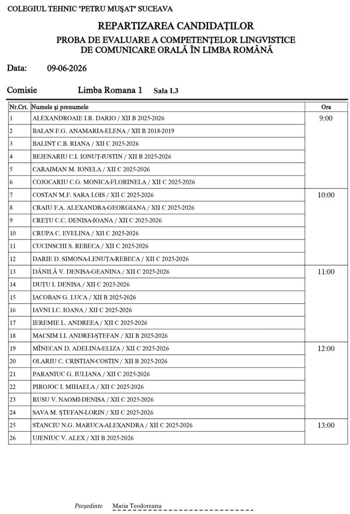 Examenul Național de Bacalaureat (2026) - Proba de evaluare a competențelor lingvistice de comunicare orală în limba română (repartizarea candidaților)