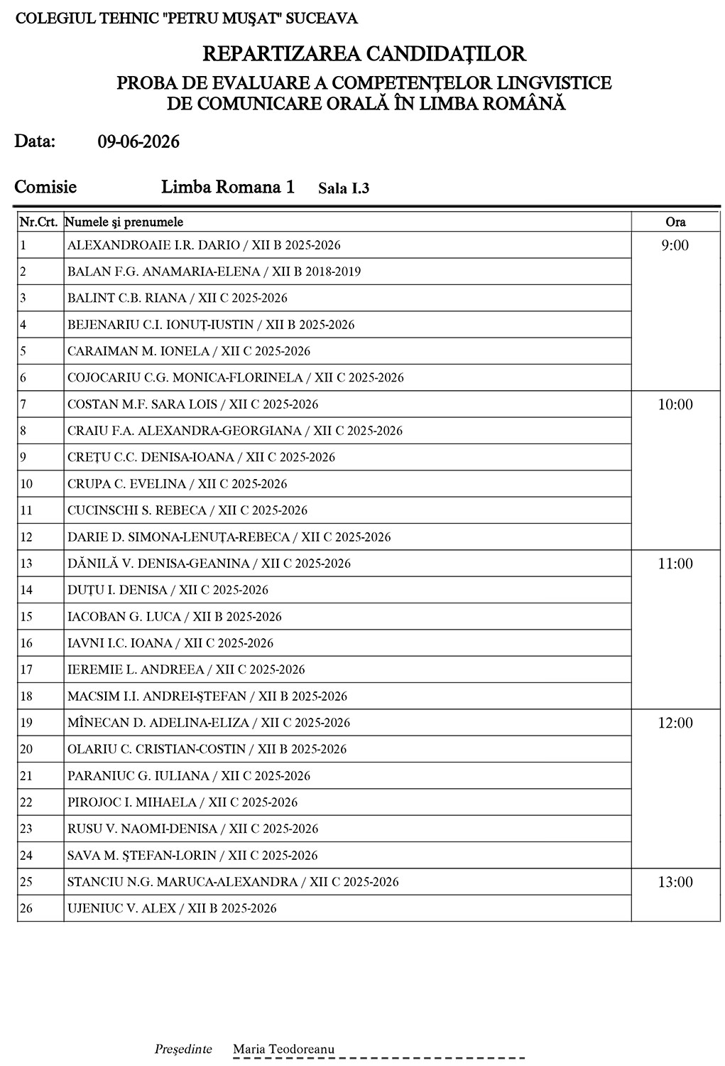 Examenul Național de Bacalaureat (2026) - Proba de evaluare a competențelor lingvistice de comunicare orală în limba română (repartizarea candidaților)