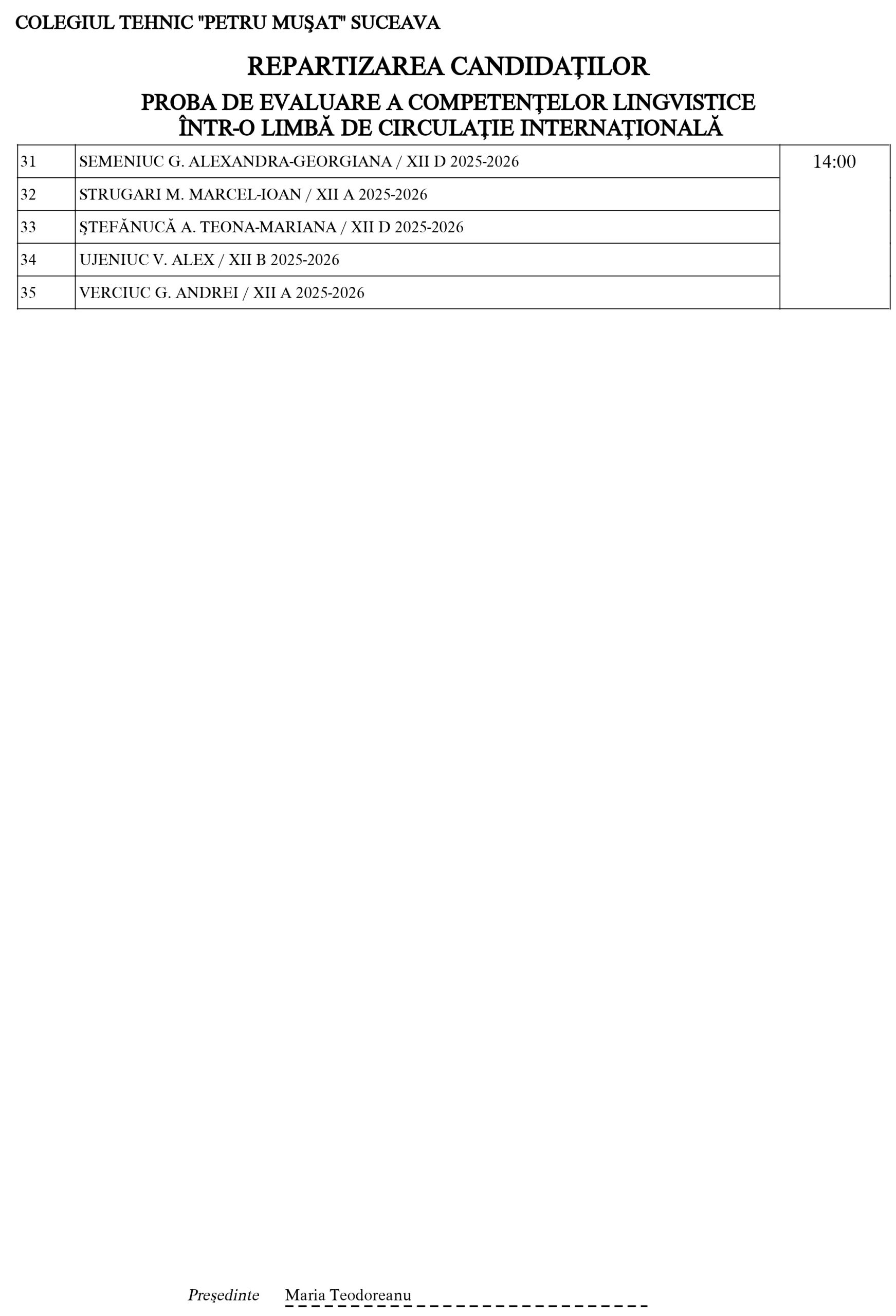 Examenul Național de Bacalaureat (2026) - Proba de evaluare a competențelor lingvistice într-o limbă de circulație internațională (repartizarea candidaților)