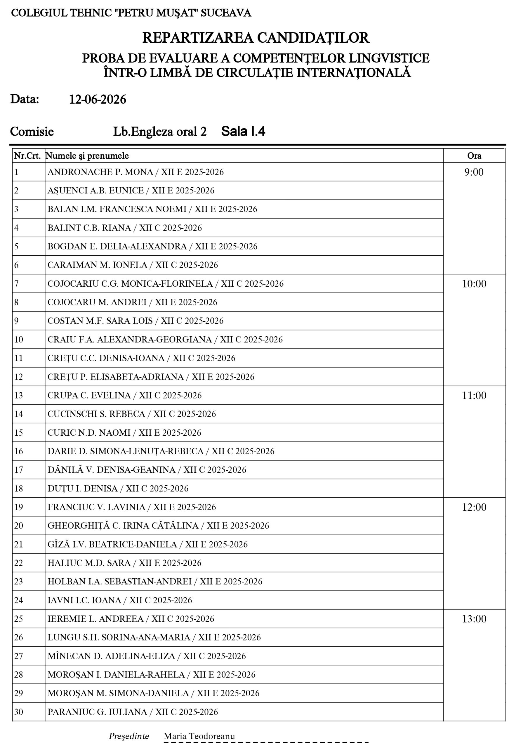 Examenul Național de Bacalaureat (2026) - Proba de evaluare a competențelor lingvistice într-o limbă de circulație internațională (repartizarea candidaților)