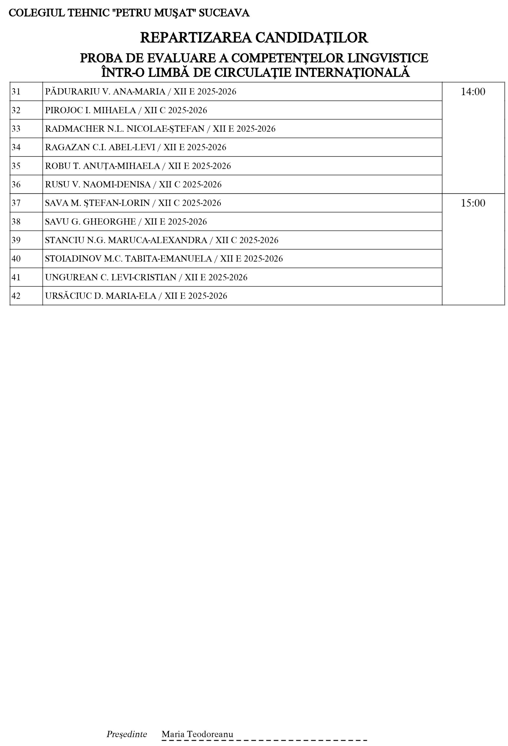 Examenul Național de Bacalaureat (2026) - Proba de evaluare a competențelor lingvistice într-o limbă de circulație internațională (repartizarea candidaților)