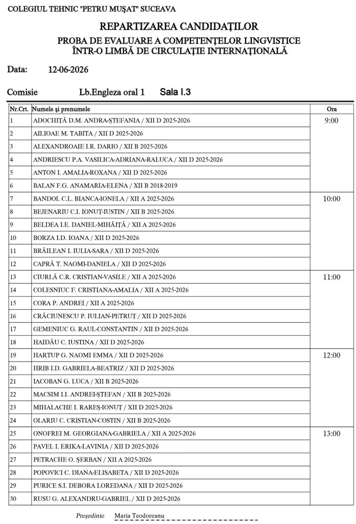 Examenul Național de Bacalaureat (2026) - Proba de evaluare a competențelor lingvistice într-o limbă de circulație internațională (repartizarea candidaților)