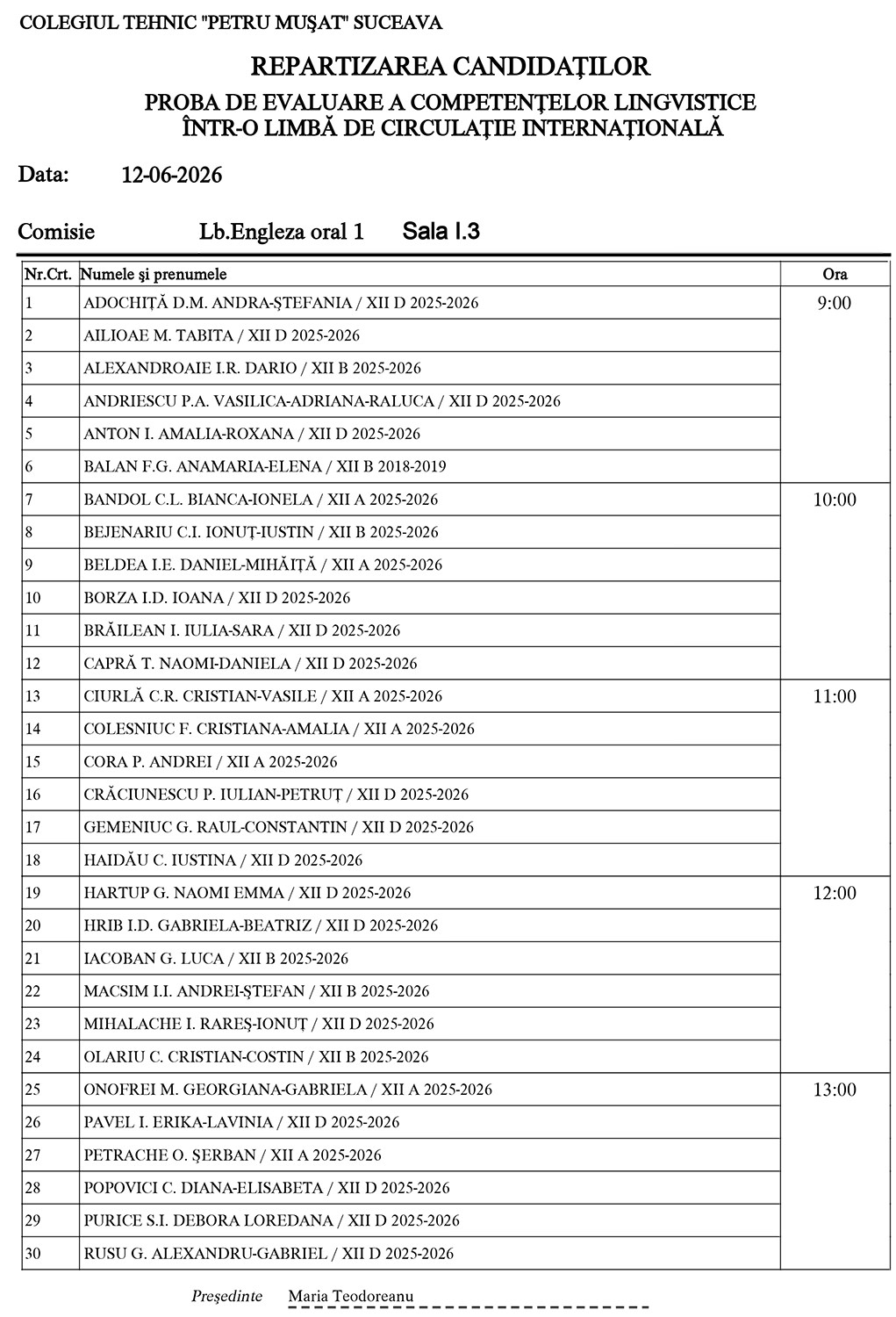 Examenul Național de Bacalaureat (2026) - Proba de evaluare a competențelor lingvistice într-o limbă de circulație internațională (repartizarea candidaților)