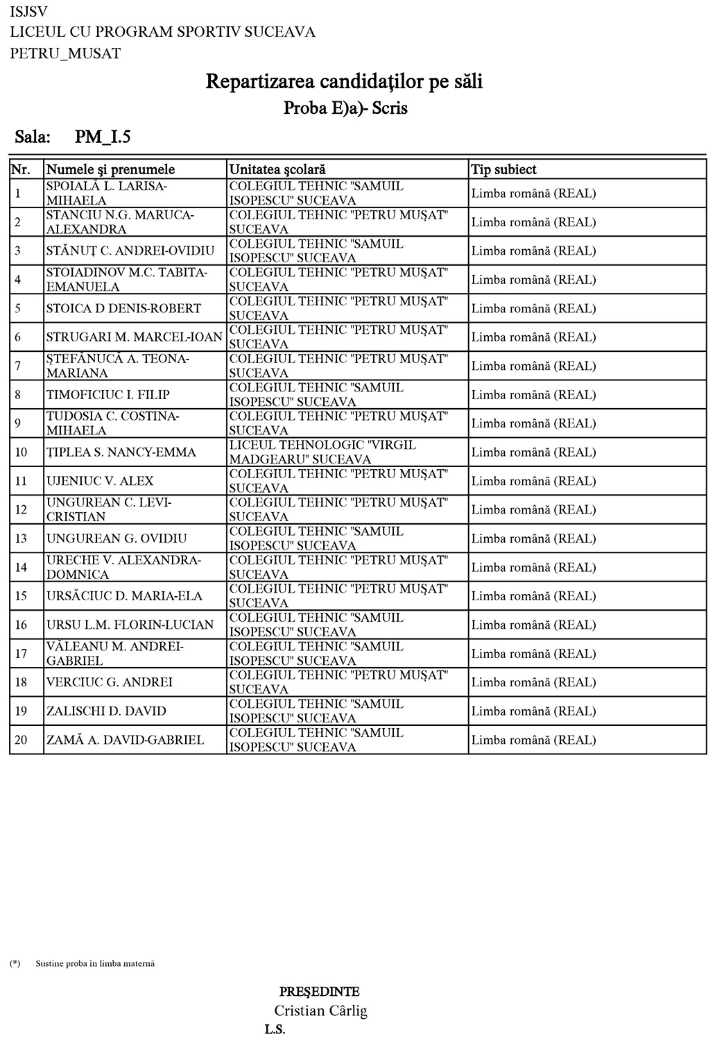 Examenul Național de Bacalaureat (2026) - Proba E) a) - scris (repartizarea candidaților)