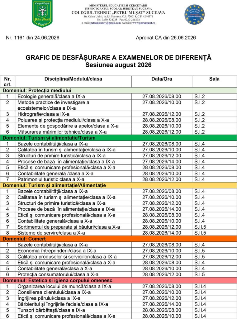 Graficul de desfășurare a examenelor de diferență - sesiunea august 2026