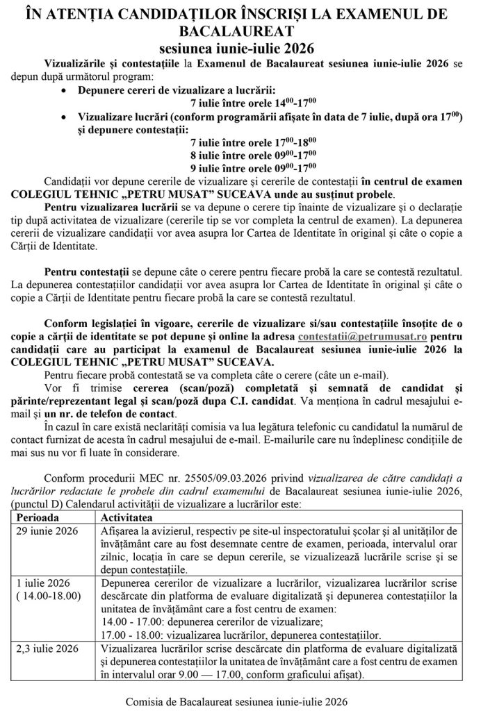 În atenția candidaților înscriși la examenul de bacalaureat (sesiunea iunie-iulie 2026)