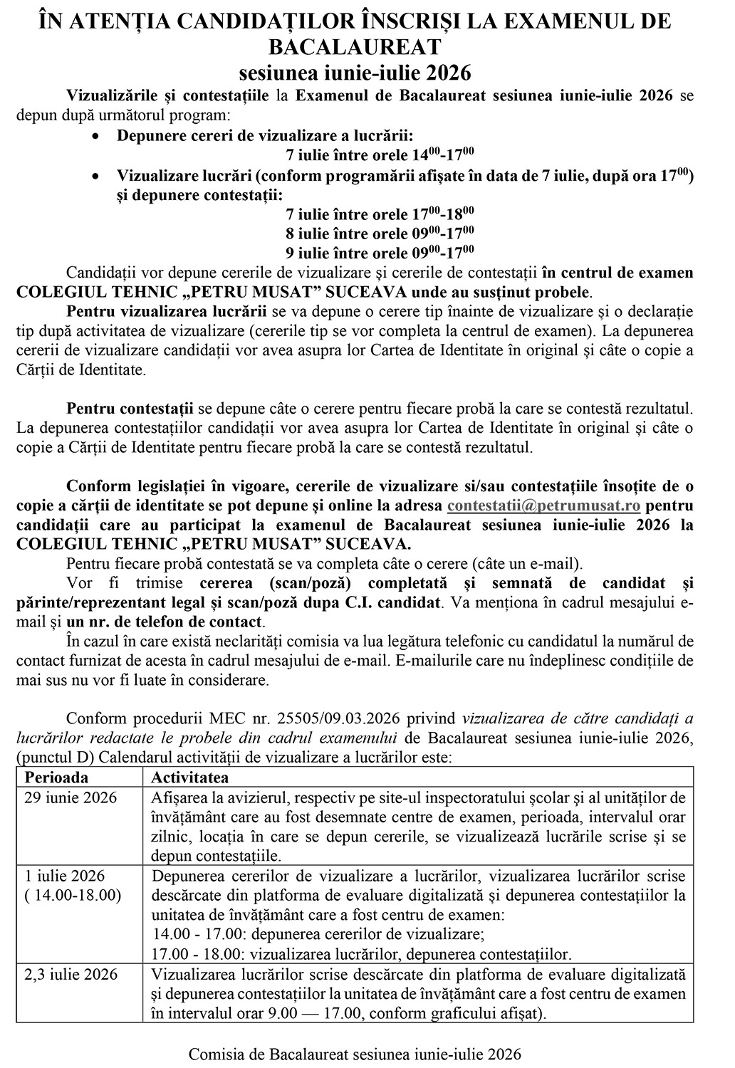 În atenția candidaților înscriși la examenul de bacalaureat (sesiunea iunie-iulie 2026)