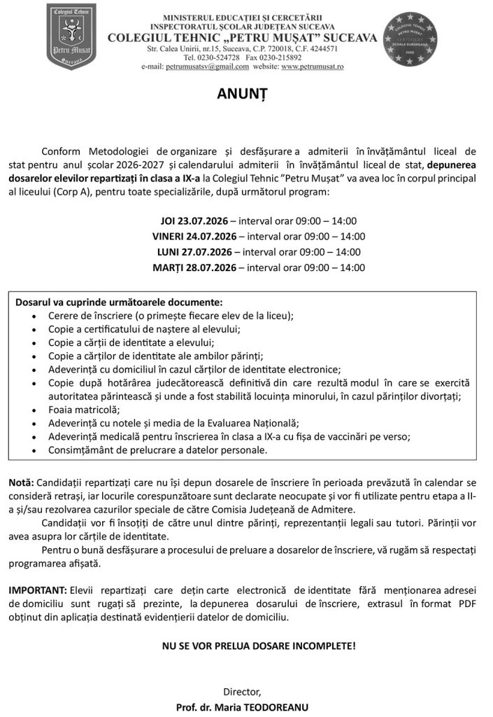 Programul și actele necesare pentru înscrierea în clasa a IX-a