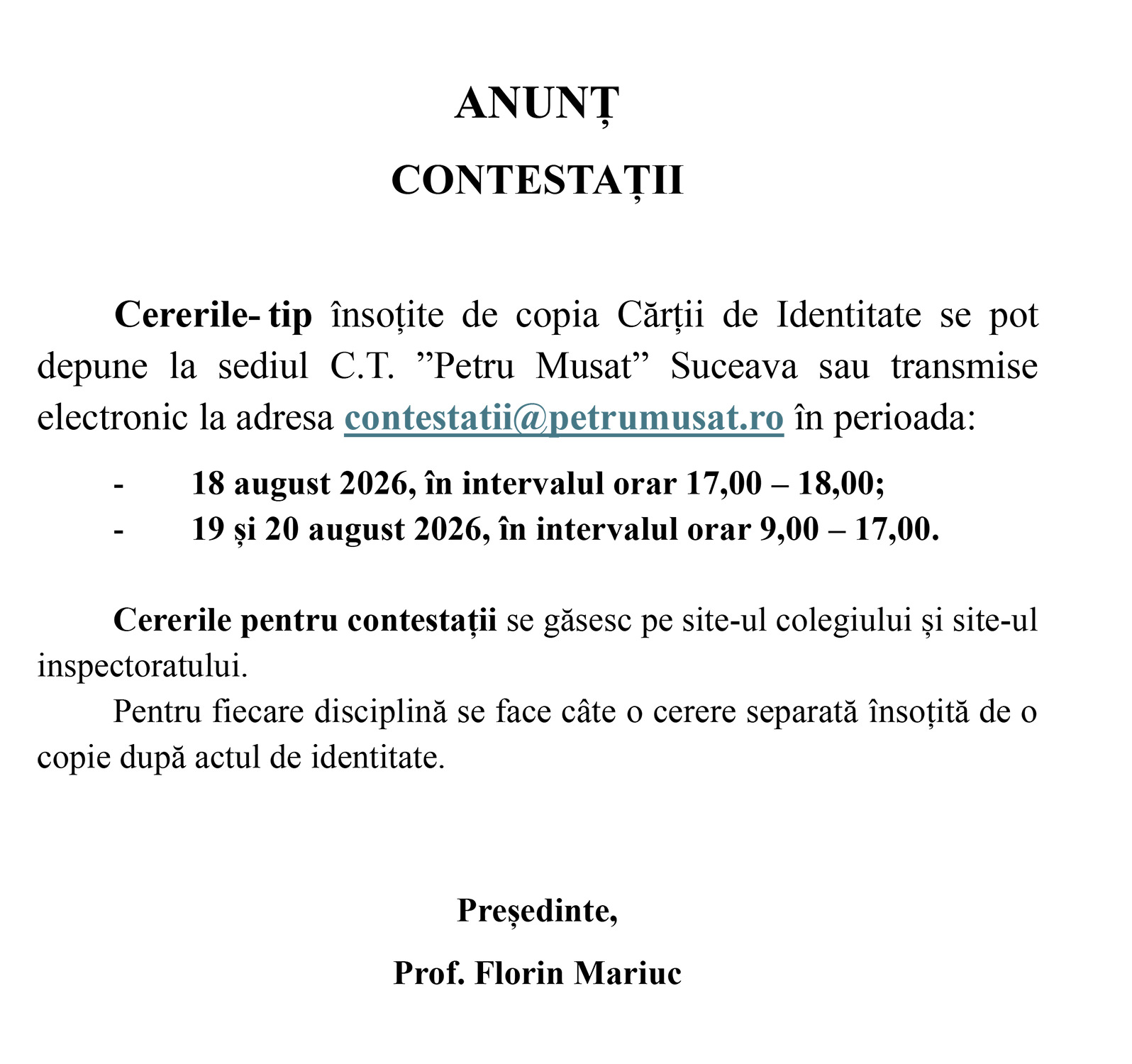 Bacalaureat (sesiunea iulie - august) - anunț contestații