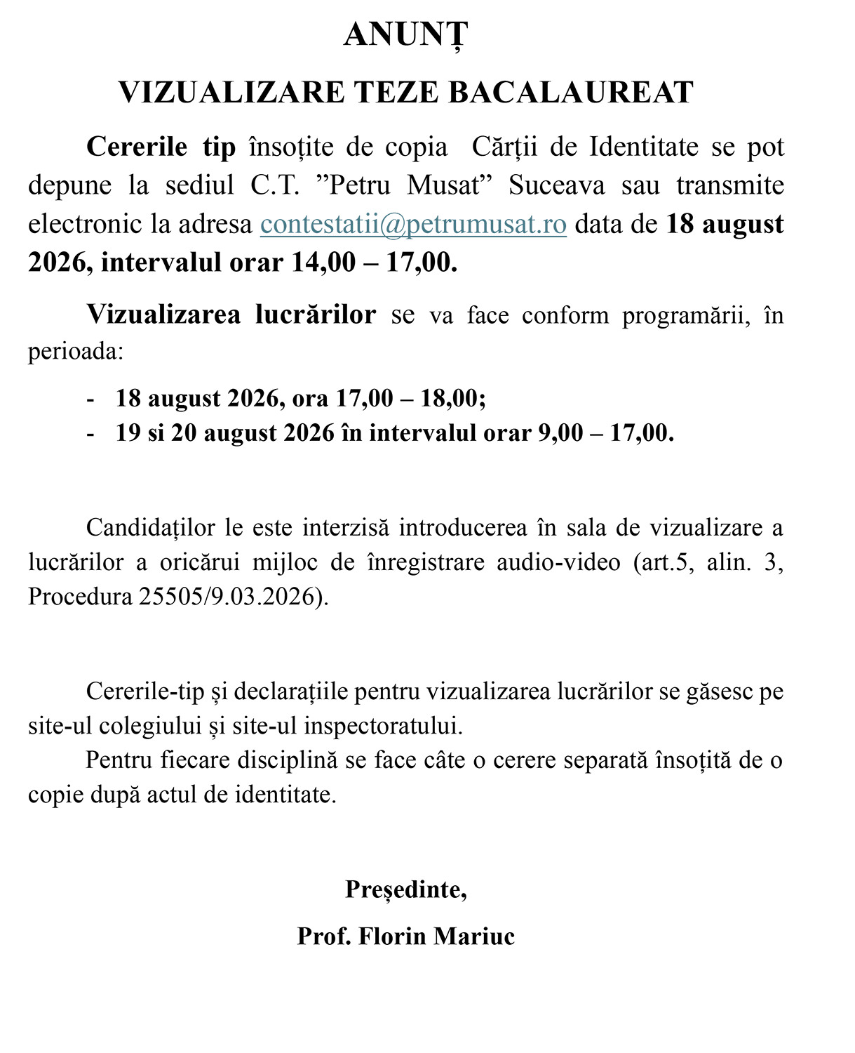 Bacalaureat (sesiunea iulie - august) - anunț vizualizare teze