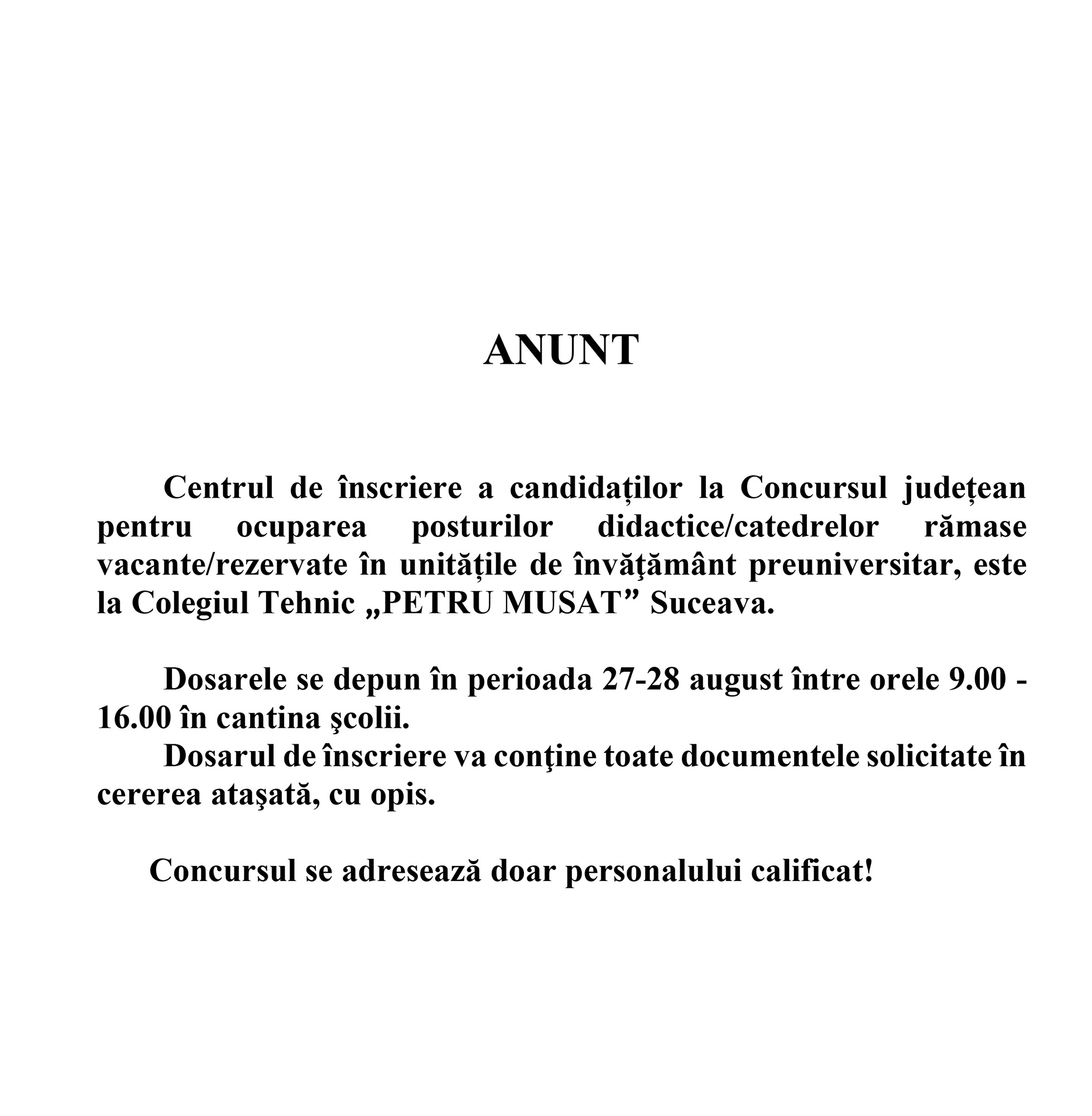 Înscrieri pentru posturile didactice rămase vacante în județul Suceava