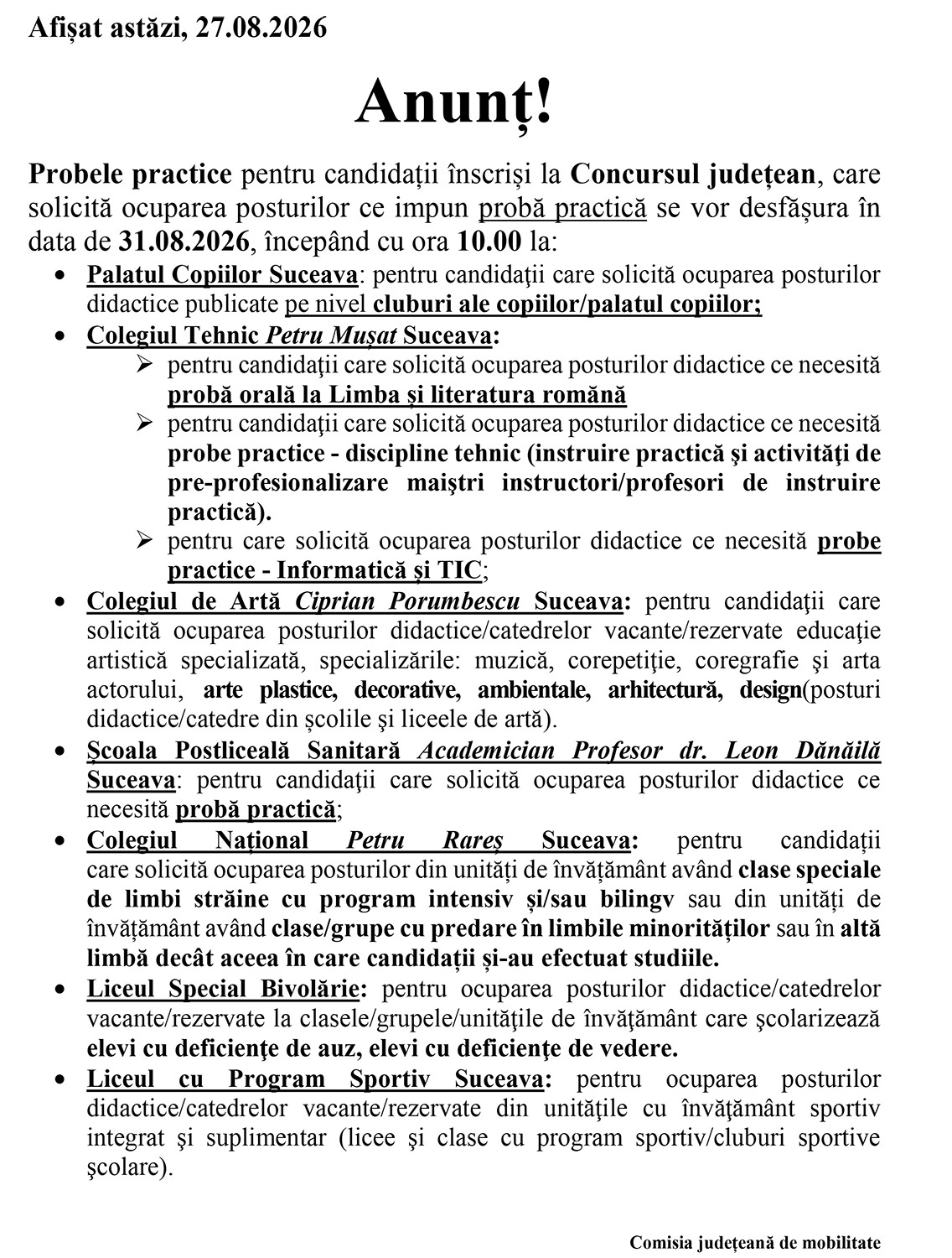 Probele practice pentru Concursul județean de ocupare a posturilor didactice vor avea loc pe 31 August 2026